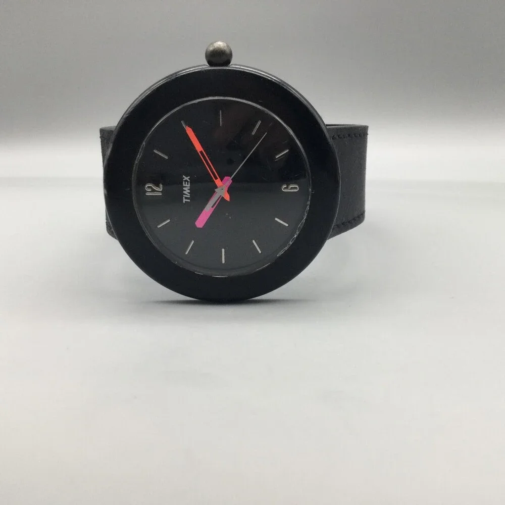 Timex Mens Watch 44mm Black Dial Black Leather Strap Neon Hands New Battery